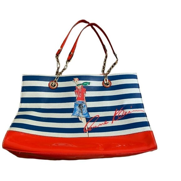 Anne Klein Mix Media Stripe/Denim/Leather Graphic Print Tote Handbag 250G - Picture 1 of 12